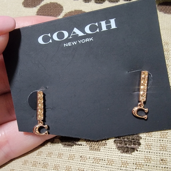 Coach Rose Goldtone Drop Signature Logo C Charm Bar Crystal Stud Earrings - Picture 1 of 6